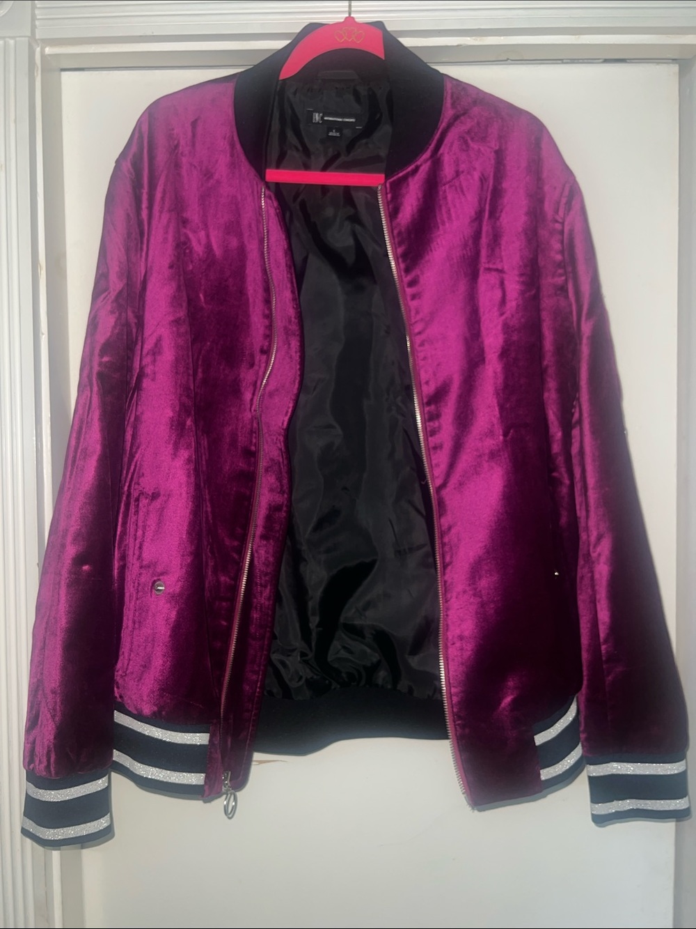 INC International Concepts Magenta Satin Bomber Jacket with Black Trim